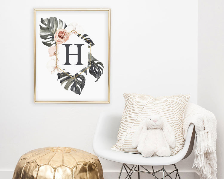 Tropical Floral Letter H Monogram Printable Wall Art, Digital Download