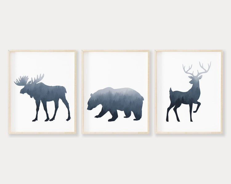Foggy Blue Forest Moose Bear and Buck Silhouette Set of 3 Printable Wall Art, Digital Download