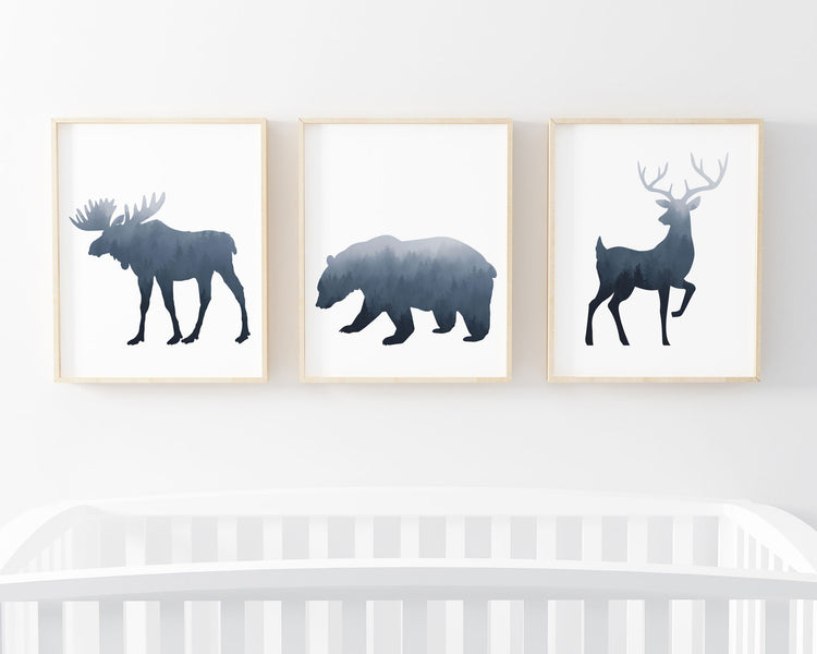 Foggy Blue Forest Moose Bear and Buck Silhouette Set of 3 Printable Wall Art, Digital Download