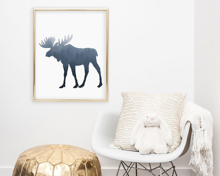 Foggy Blue Forest Moose Silhouette Printable Wall Art, Digital Download