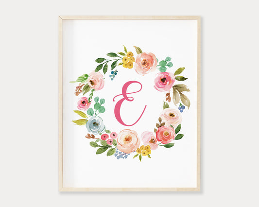 Watercolor Floral Wreath Letter E Monogram Printable Wall Art, Digital Download