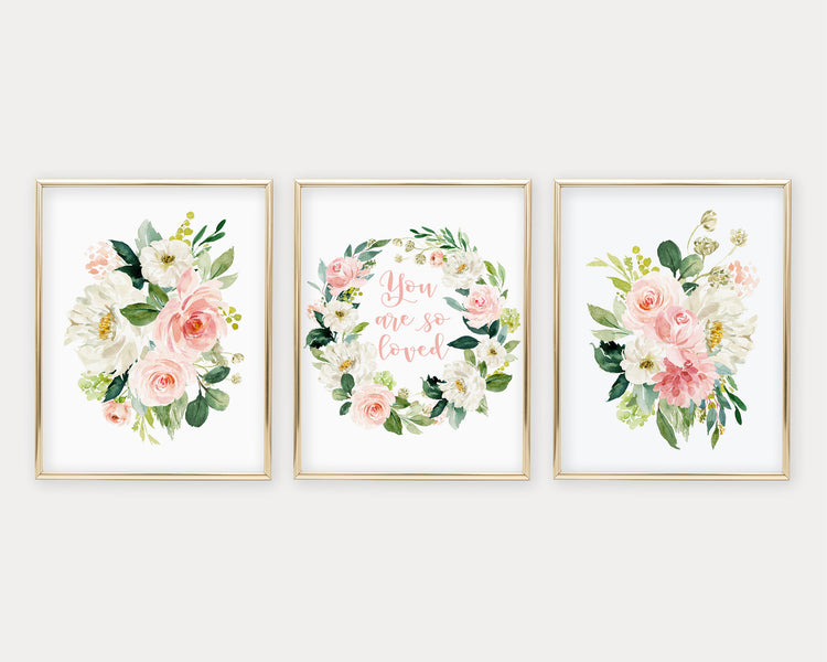 You Are So Loved Watercolor Blush Floral Wreath Set of 3 Printable Wall Art, Digital Download
