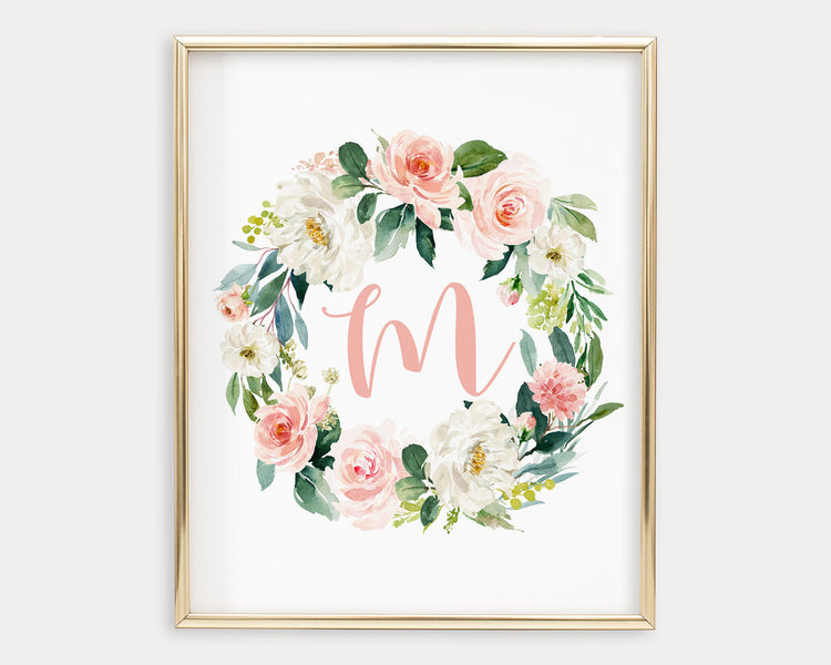 Watercolor Blush Floral Letter M Printable Wall Art, Digital Download