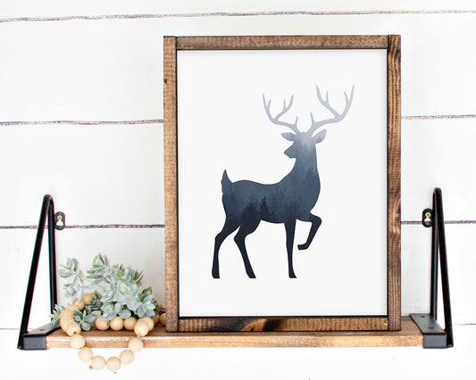 Foggy Blue Forest Buck Silhouette Printable Wall Art, Digital Download