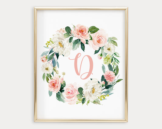 Watercolor Blush Floral Letter D Printable Wall Art, Digital Download