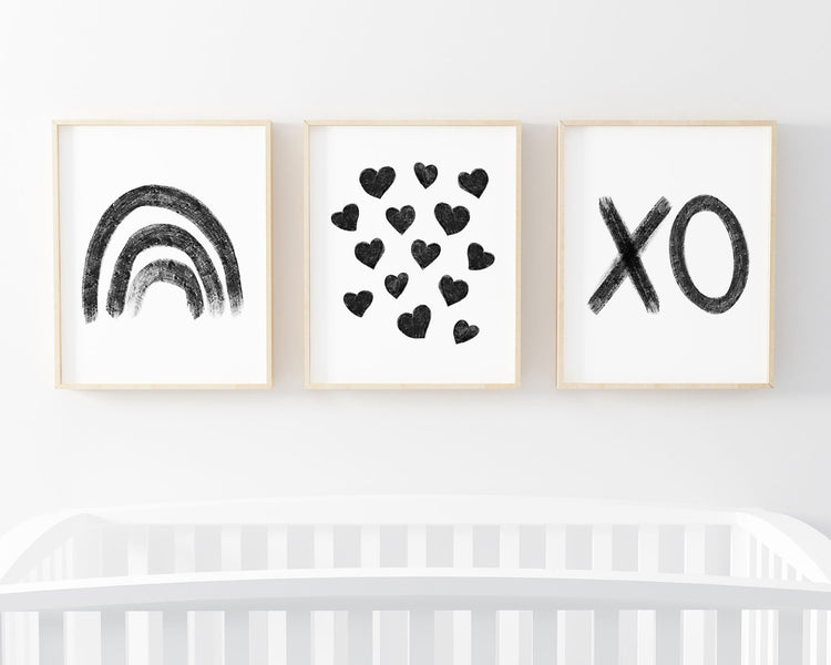 Black Rainbow Hearts and XO Printable Wall Art Set of 3, Digital Download