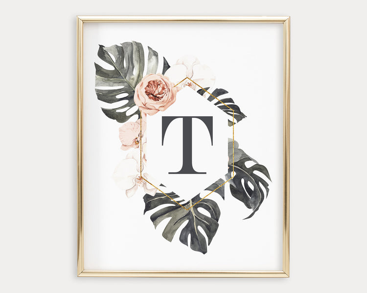 Tropical Floral Letter T Monogram Printable Wall Art, Digital Download