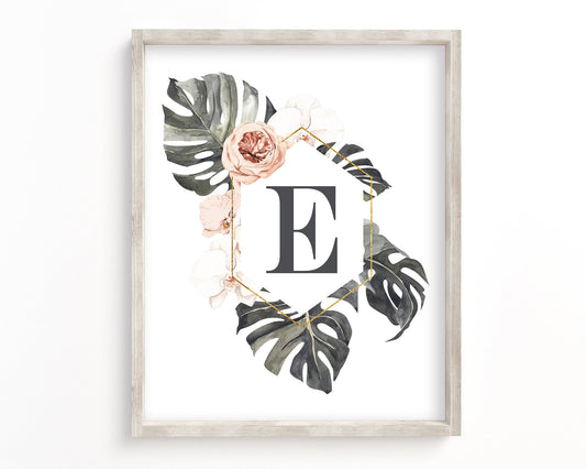 Tropical Floral Letter E Monogram Printable Wall Art, Digital Download