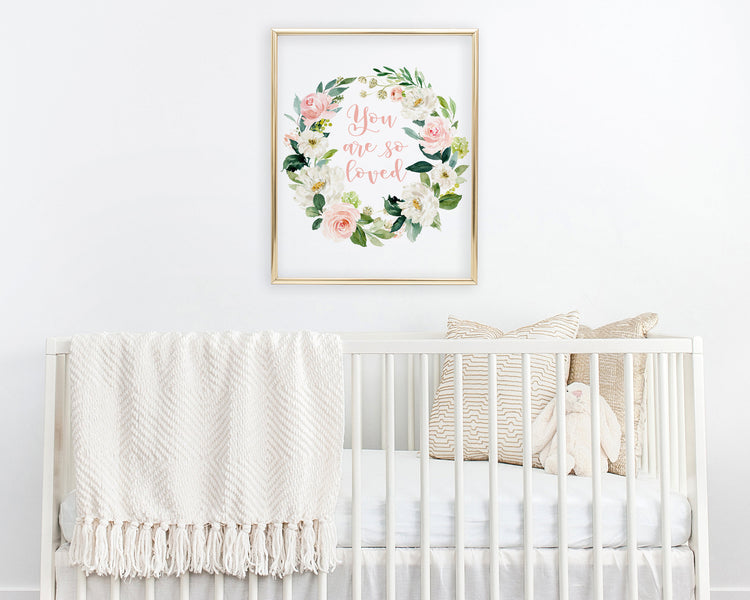 You Are So Loved Watercolor Blush Floral Wreath Printable Wall Art, Digital Download