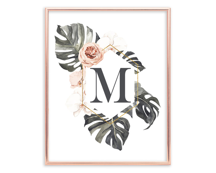 Tropical Floral Letter M Monogram Printable Wall Art, Digital Download