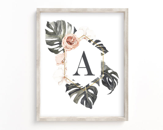 Tropical Floral Letter A Monogram Printable Wall Art, Digital Download