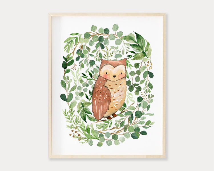 Watercolor Greenery Owl Printable Wall Art, Digital Download