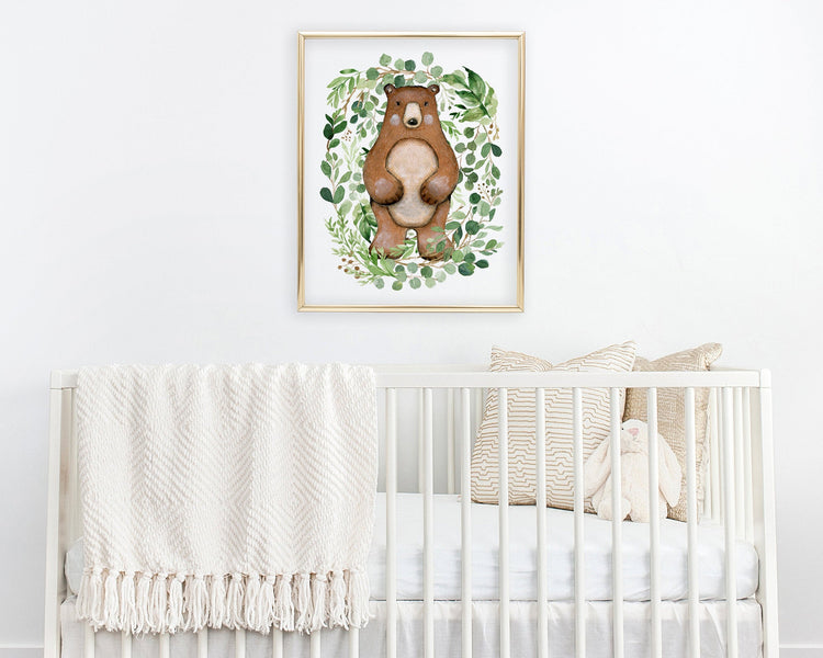 Watercolor Greenery Bear Printable Wall Art, Digital Download