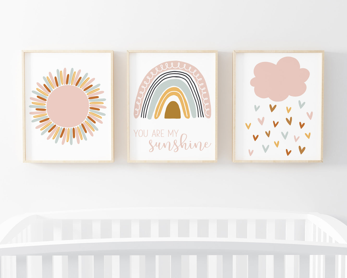 Pink Sun, Pastel Rainbow You Are My Sunshine and Pink Cloud Raining Hearts Printable Wall Art, Digital Download
