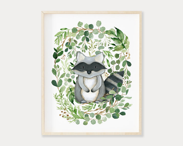 Watercolor Greenery Raccoon Printable Wall Art, Digital Download