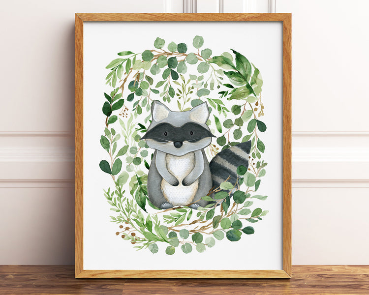 Watercolor Greenery Raccoon Printable Wall Art, Digital Download