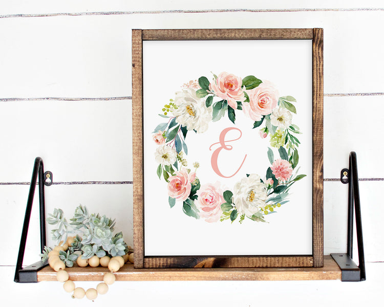Watercolor Blush Floral Letter E Printable Wall Art, Digital Download