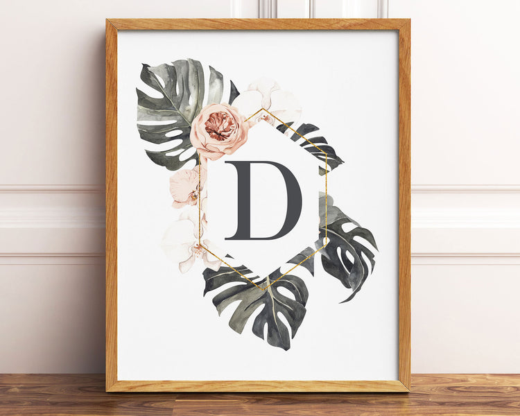 Tropical Floral Letter D Monogram Printable Wall Art, Digital Download
