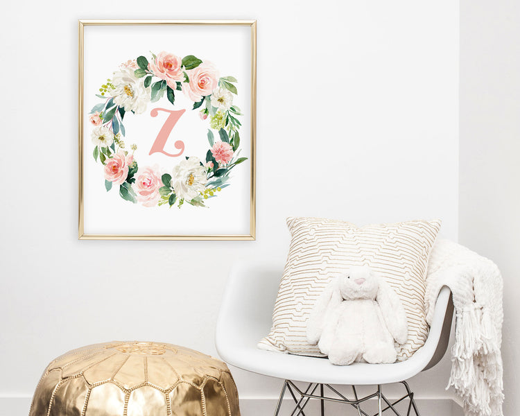 Watercolor Blush Floral Initial Z Printable Wall Art, Digital Download