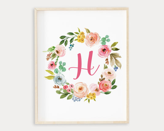 Watercolor Floral Wreath Letter H Monogram Printable Wall Art, Digital Download