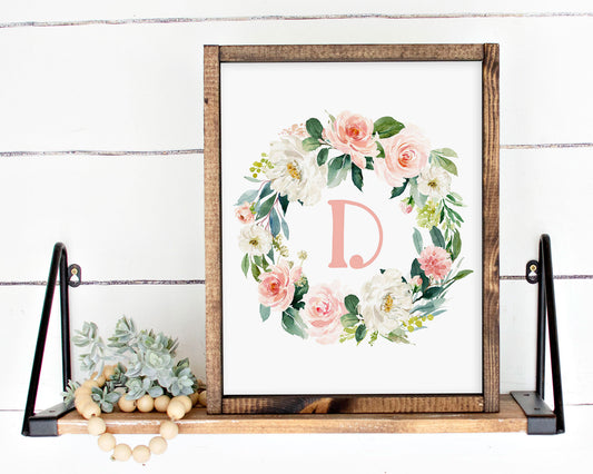 Watercolor Blush Floral Initial D Printable Wall Art, Digital Download