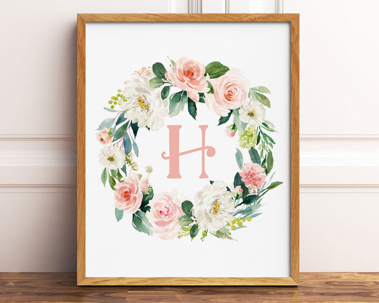 Watercolor Blush Floral Initial H Printable Wall Art, Digital Download