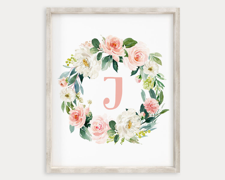 Watercolor Blush Floral Initial J Printable Wall Art, Digital Download