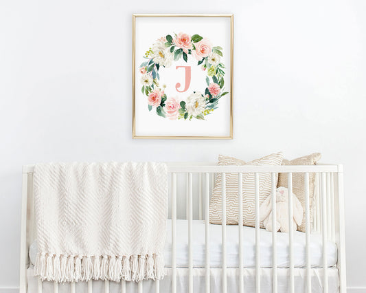 Watercolor Blush Floral Initial J Printable Wall Art, Digital Download