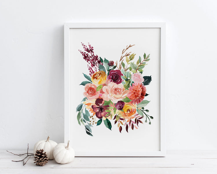 Watercolor Burgundy Flowers Set of 2 Printable Wall Art, Digital Download