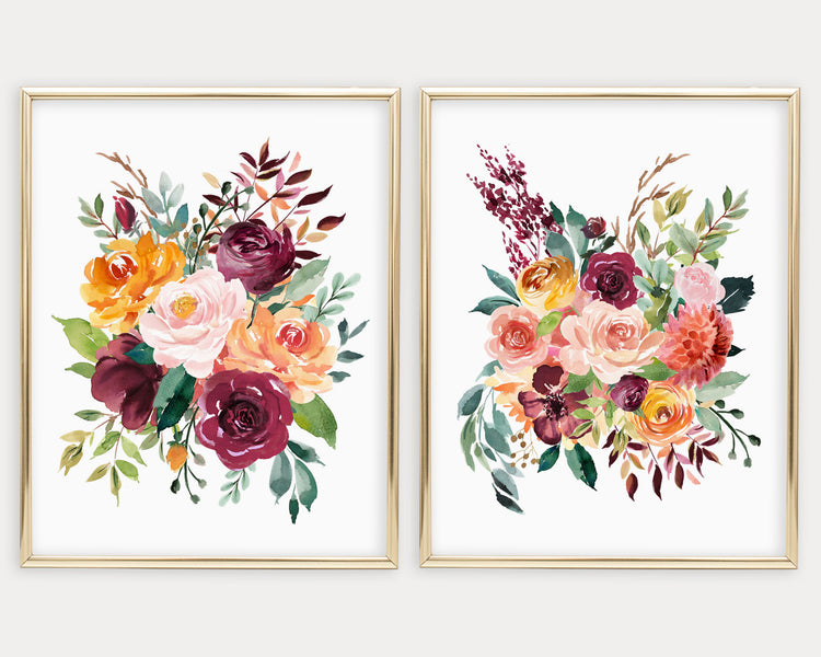 Watercolor Burgundy Flowers Set of 2 Printable Wall Art, Digital Download