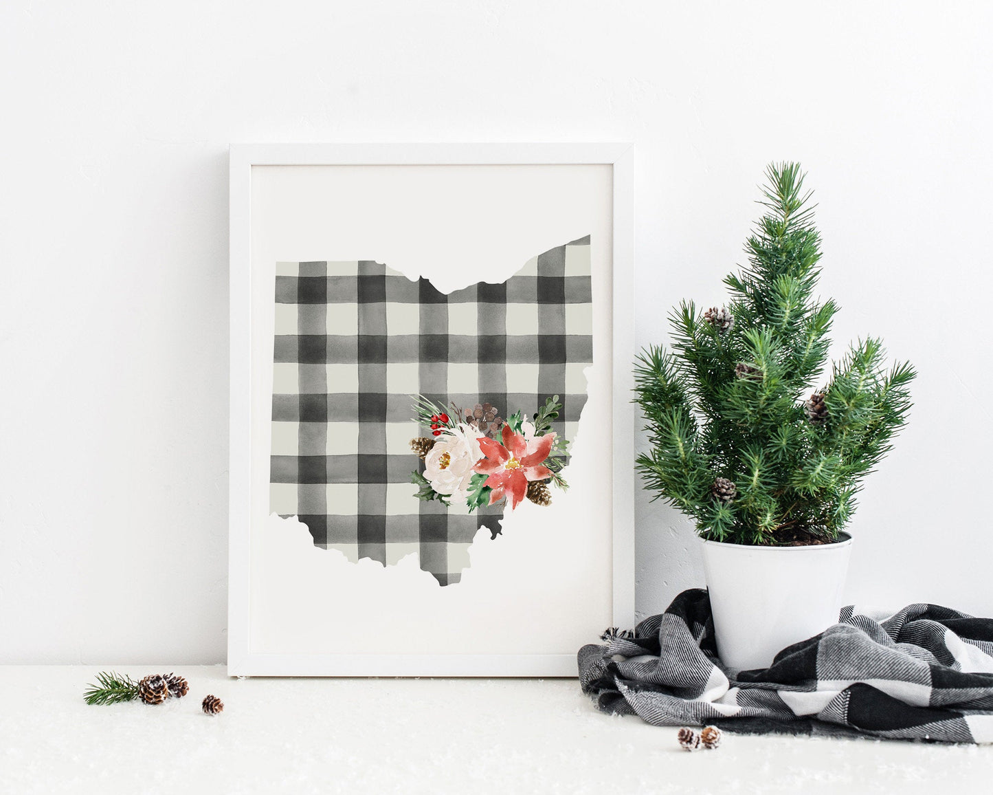 Ohio Black and Off White Buffalo Plaid Printable Wall Art, Christmas State Art Digital Download