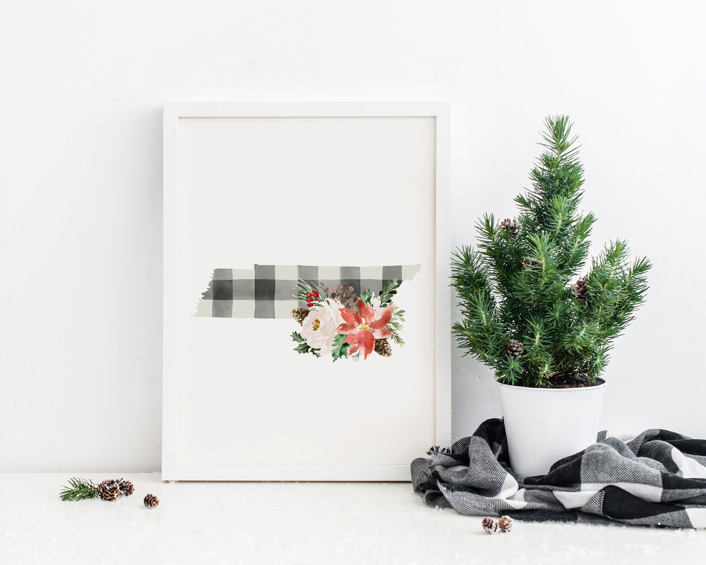 Tennessee Black and Off White Buffalo Plaid Printable Wall Art, Christmas State Art Digital Download