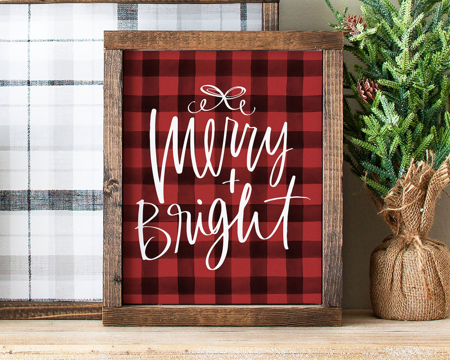 Merry & Bright Printable Wall Art, Buffalo Plaid Christmas Decor Digital Download