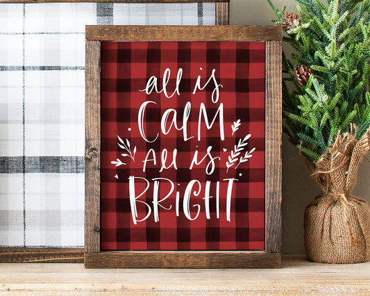 All is Calm All is Bright Printable Wall Art, Buffalo Plaid Christmas Decor Digital Download