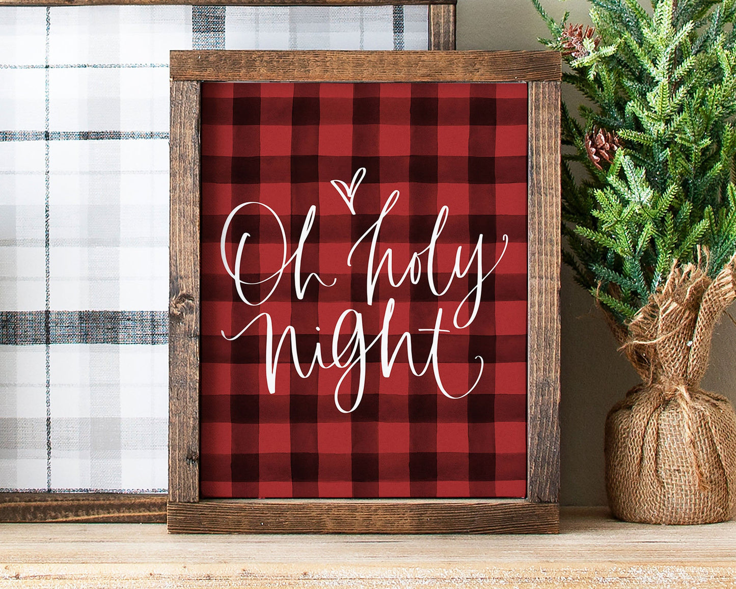 Oh Holy Night Printable Wall Art, Buffalo Plaid Christmas Decor Digital Download