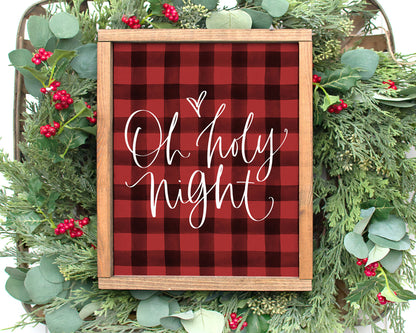 Oh Holy Night Printable Wall Art, Buffalo Plaid Christmas Decor Digital Download