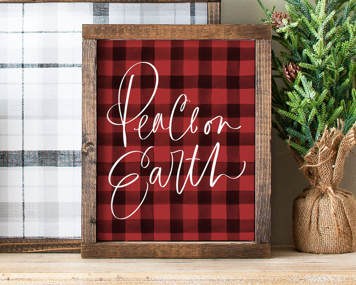 Peace on Earth Printable Wall Art, Buffalo Plaid Christmas Decor Digital Download