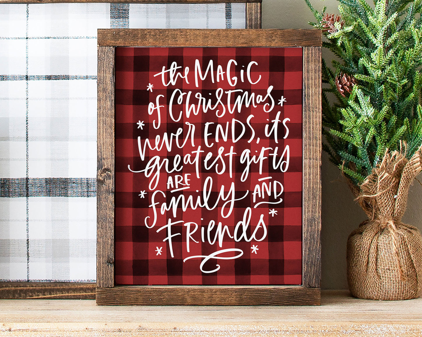 The Magic of Christmas Never Ends Printable Wall Art, Buffalo Plaid Christmas Decor Digital Download