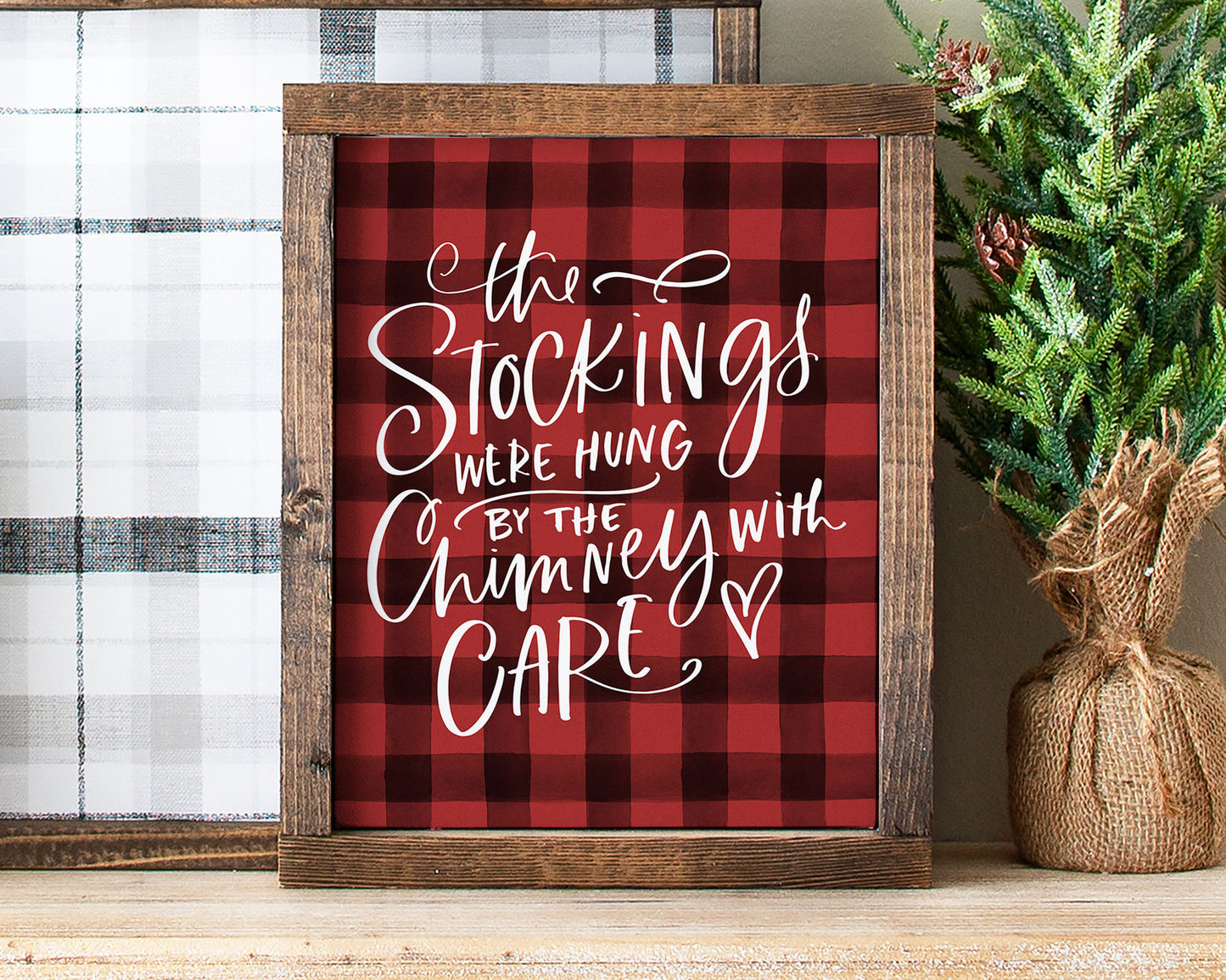 The Stockings Were Hung by the Chimney with Care Printable Wall Art, Buffalo Plaid Christmas Decor Digital Download