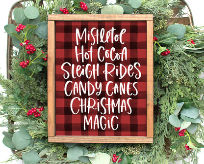 Mistletoe Hot Cocoa Sleigh Rides Candy Canes Christmas Magic Printable Wall Art, Buffalo Plaid Christmas Decor Digital Download