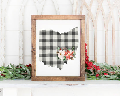 Ohio Black and Off White Buffalo Plaid Printable Wall Art, Christmas State Art Digital Download