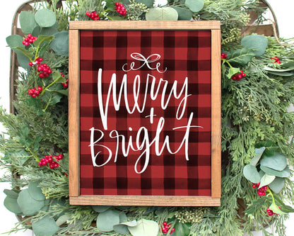 Merry & Bright Printable Wall Art, Buffalo Plaid Christmas Decor Digital Download