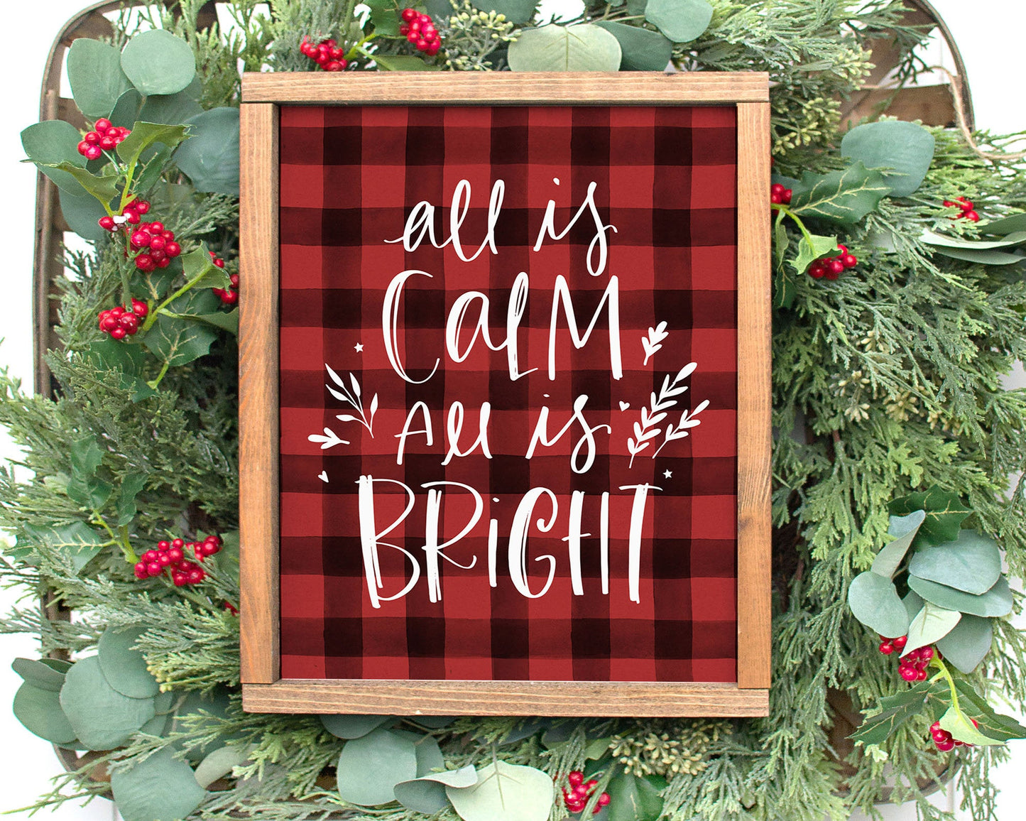 All is Calm All is Bright Printable Wall Art, Buffalo Plaid Christmas Decor Digital Download