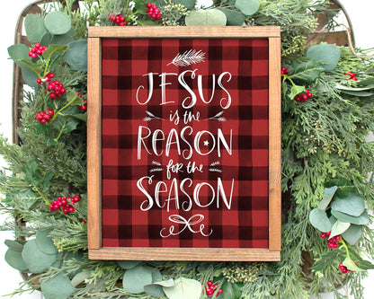 Jesus is the Reason for the Season Printable Wall Art, Buffalo Plaid Christmas Decor Digital Download