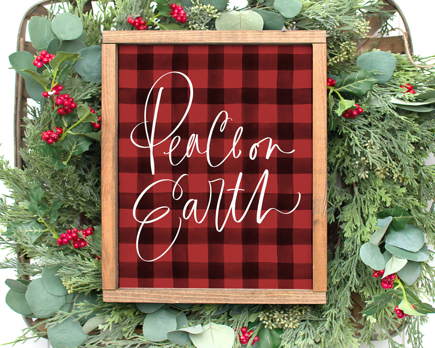 Peace on Earth Printable Wall Art, Buffalo Plaid Christmas Decor Digital Download