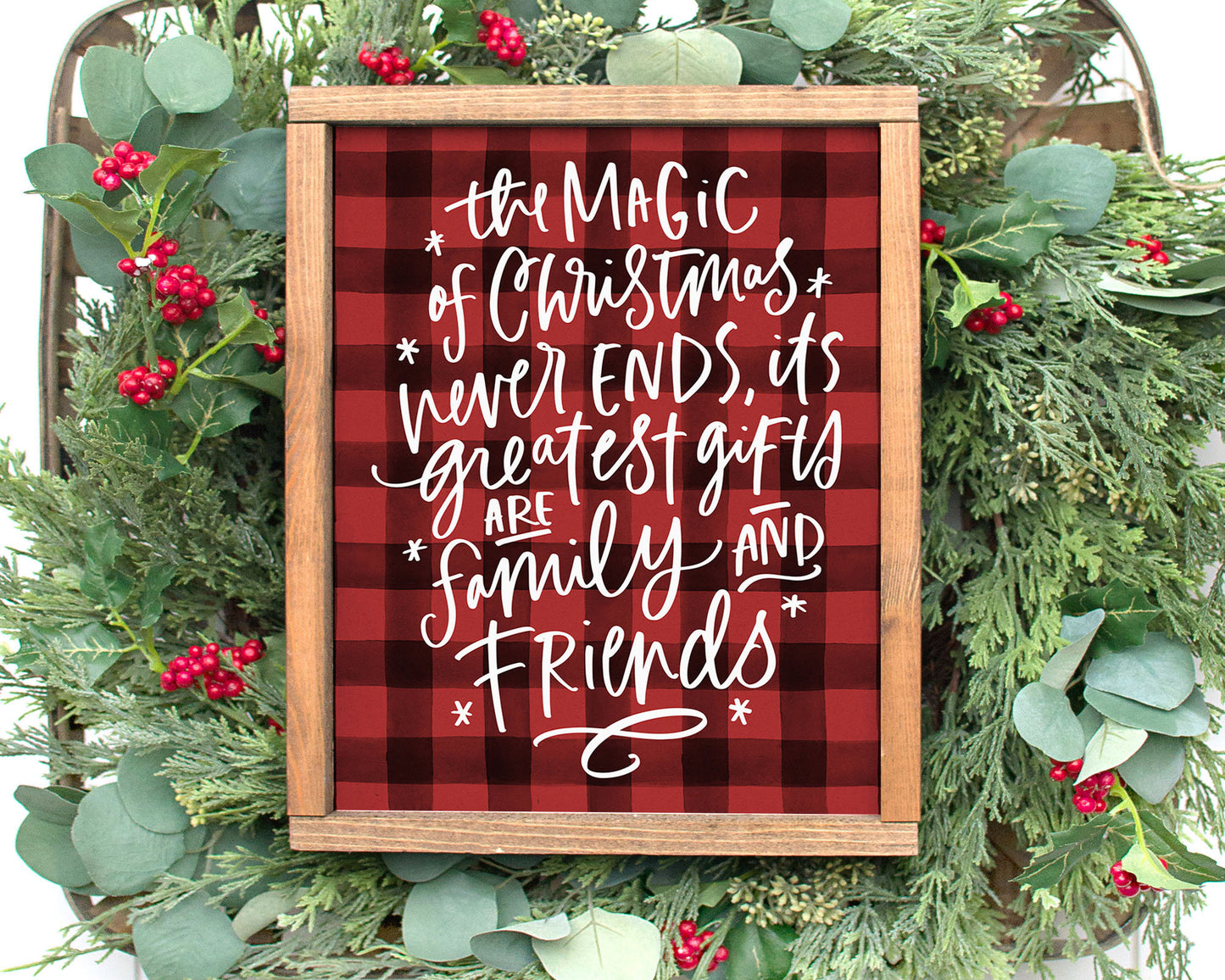 The Magic of Christmas Never Ends Printable Wall Art, Buffalo Plaid Christmas Decor Digital Download