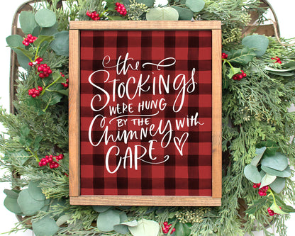 The Stockings Were Hung by the Chimney with Care Printable Wall Art, Buffalo Plaid Christmas Decor Digital Download