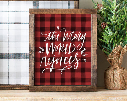 The Weary World Rejoices Printable Wall Art, Buffalo Plaid Christmas Decor Digital Download