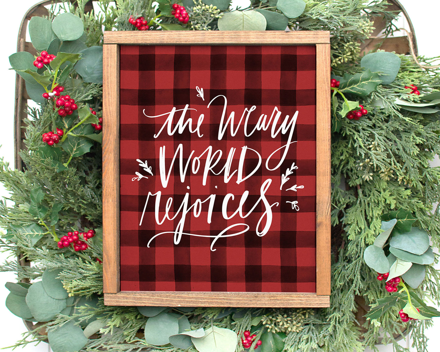 The Weary World Rejoices Printable Wall Art, Buffalo Plaid Christmas Decor Digital Download