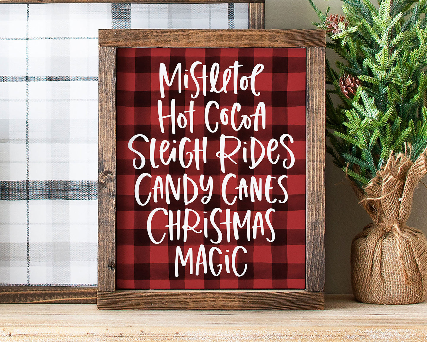 Mistletoe Hot Cocoa Sleigh Rides Candy Canes Christmas Magic Printable Wall Art, Buffalo Plaid Christmas Decor Digital Download